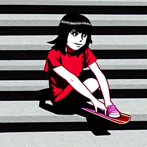 Image similar to skater girl sitting on steps by scott pilgrim, by bryan lee o'malley