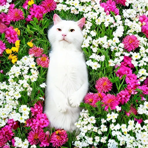 Prompt: a photo of a white cat laying on his back surrounded by flowers.