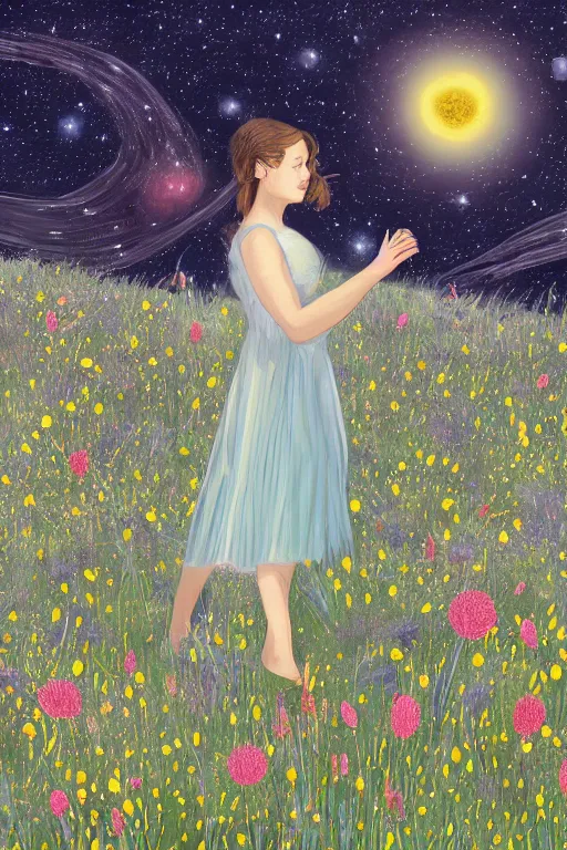 Prompt: illustration of a girl standing in a field of wild flowers gazing up to stars and milkyway, foreshortening