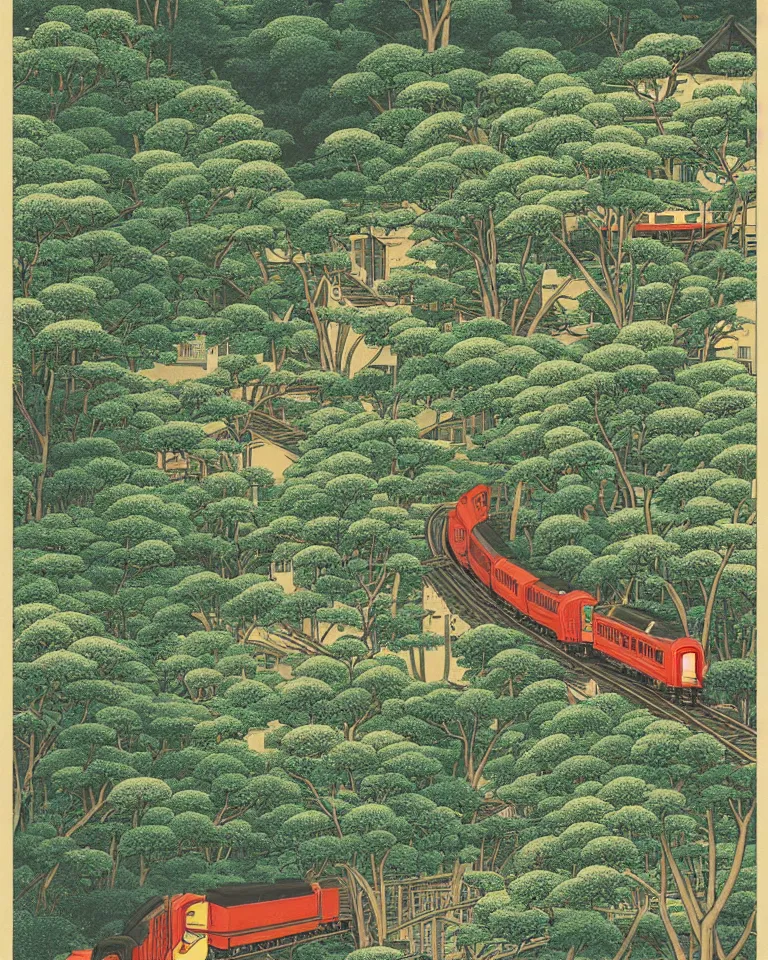 Image similar to close-up graphic poster of small model trains traversing a lush garden by Hasui Kawase.