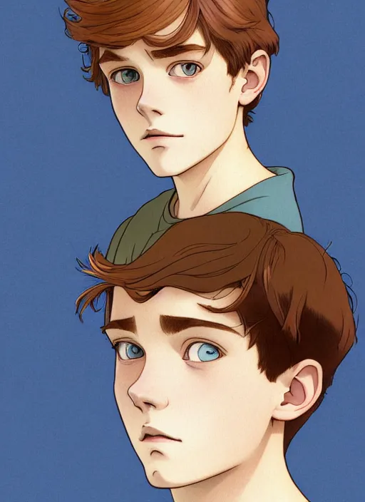 Image similar to art nouveau portrait of a teen boy with completely straight auburn hair, light blue eyes, pale skin, freckles, sad expression, t - shirt, modern casual clothing, natural lighting, path traced, highly detailed, high quality, cartoon, digital painting, by don bluth and ross tran and studio ghibli and alphonse mucha