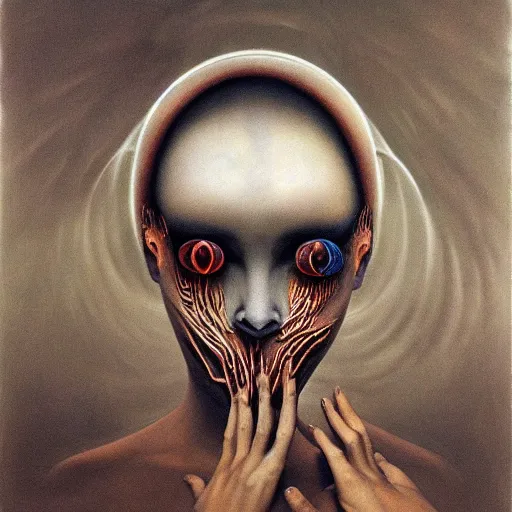 Image similar to dramatic portrait painting of woman with black mandelbrot fractal instead of face, in style of zdzisław beksinski, horror, body horror, dark, disturbing,