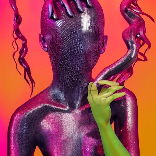 Prompt: Vass Roland cover art body art future bass girl un wrapped statue bust curls of hair petite lush front view body photography model full body curly jellyfish lips art contrast vibrant futuristic fabric skin jellyfish material metal veins style of Jonathan Zawada, Thisset colours simple background objective