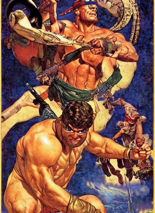 Image similar to huge cyclops in sinbad and the eye of the tiger movie, by norman rockwell and jason fabok and tom lovell and frank schoonover and dean cornwell and jack kirby