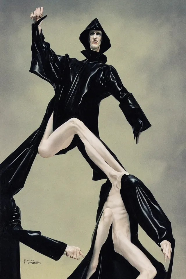 Prompt: a tall thin man with pale skin, in black latex robes by frank miller and bill sienckiwicz