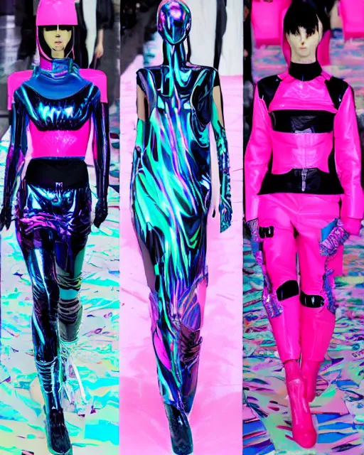 Image similar to a leaked screenshot of Balenciaga's fall 2049 fashion week, prismatic, dazzle camouflage!, dayglo pink, dayglo blue, Bladerunner, cyberpunk