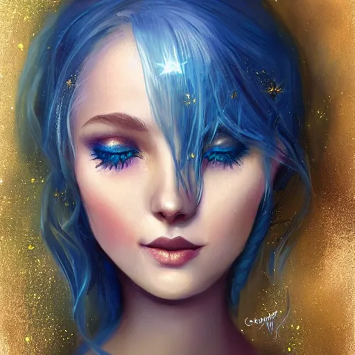 Image similar to Portrait by Charlie Bowater, blue hair, mascara, glitter makeup, gold filigree, smiling, soft colors, pastels