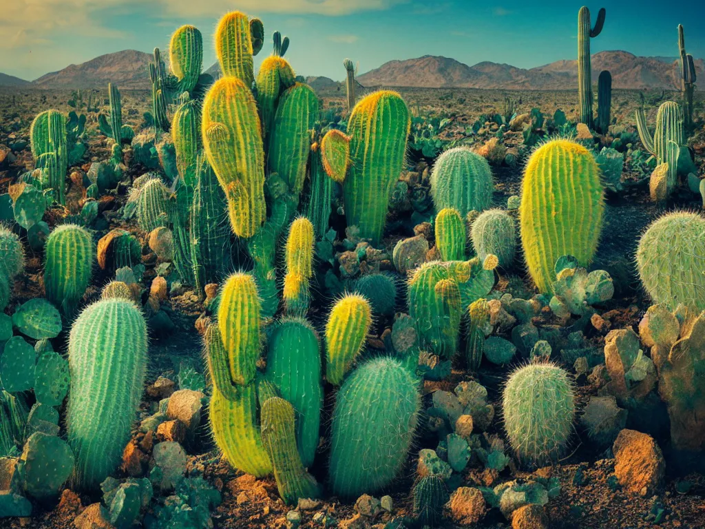 Prompt: a lonely psychedelic cactus in the desert, HD photography, artstation, cgsociety