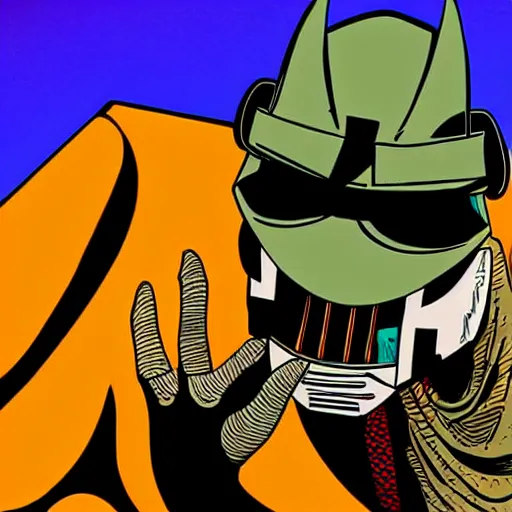 Prompt: cartoon mf doom on a stage with a full band behind him