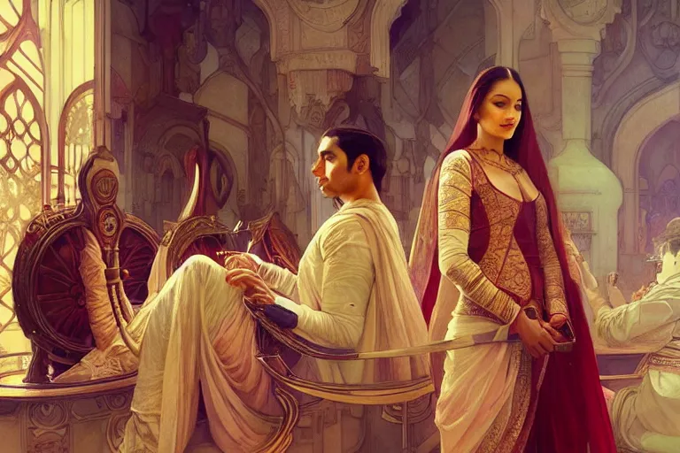 Image similar to Sensual good looking pale young Indian doctors wearing Renaissance clothing in a space station above Earth, portrait, elegant, intricate, digital painting, artstation, concept art, smooth, sharp focus, illustration, art by artgerm and greg rutkowski and alphonse mucha