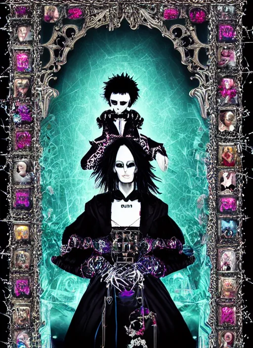 Image similar to baroque bedazzled gothic royalty frames surrounding a pixelsort emo demonic horrorcore japanese Edward Scissorhands, sharpened early computer graphics, remastered chromatic aberration