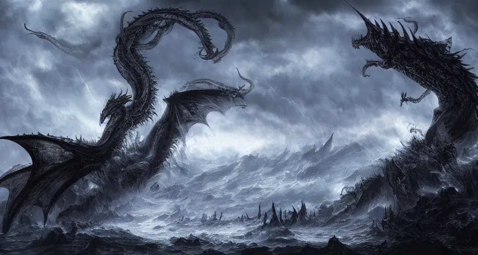 Image similar to lovecraftian eldritch!! dragon!! wrapped in clouds on a black desert, snowy, windy, by eugene von guerard, ivan shishkin, night, lightning!!, storm!, dramatic lighting, concept art, trending on artstation, 8 k