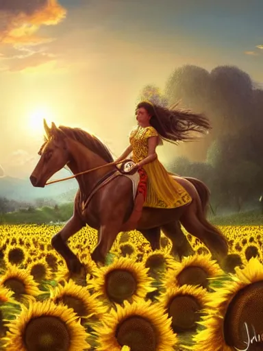 Prompt: a happy querub, riding a horse in a sunflower field, a giant sun in the background. intricate, elegant, highly detailed, digital painting, artstation, concept art, sharp focus, illustration, by justin gerard and artgerm, 8 k