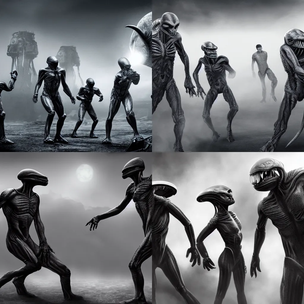 Prompt: Alien fighting humans, concept art, greyscale, 8k