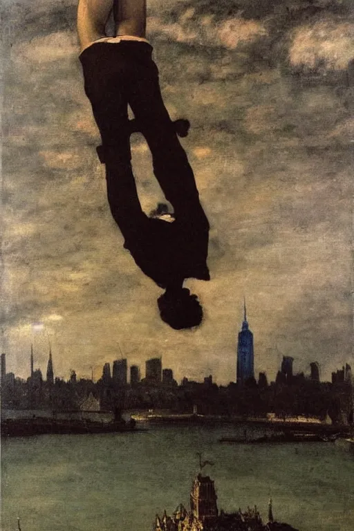 Image similar to a young man flying through new york city. his hands stretched to the side. a floating circus in the background. art by gustave courbet.