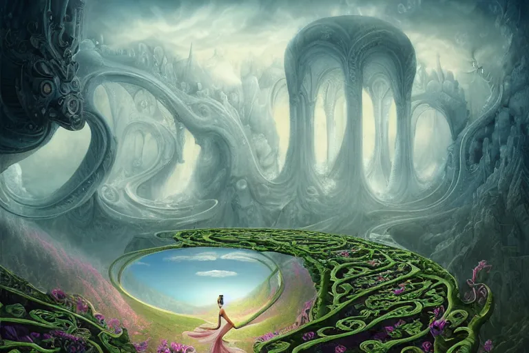 Image similar to beguiling epic stunning beautiful insanely detailed matte painting of a ballerina on an impossible path winding through arctic dream worlds with surreal architecture designed by heironymous bosch, structures inspired by heironymous bosch's garden of earthly delights, surreal ice interiors by cyril rolando and asher durand and natalie shau, whimsical, intricate