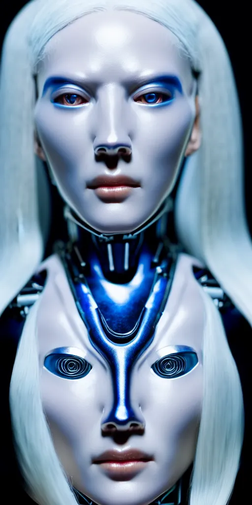 Image similar to hyperrealistic close-up of art deco cyborg woman with white hair and pearlescent blue skin wayne barlowe machiej kuciara very dramatic lighting on one side wide angle 35mm shallow depth of field 8k