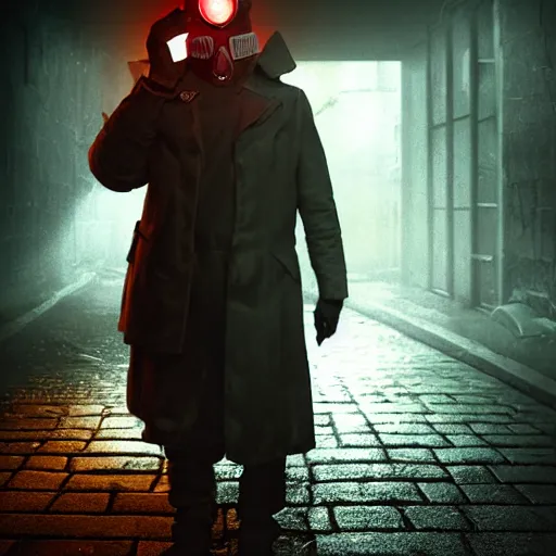 Image similar to hooden villain wearing a gas mask with red goggles, smoke coming out of his body and coat, dark background, in a dark alley, unreal engine 5, ultra realistic, detailed, fog, volumetric lighting, by greg rutkowski,