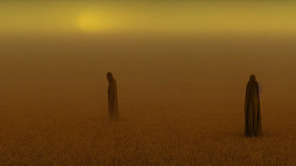 Prompt: we watch the strange creature search through our kitchen, film still from the movie directed by Denis Villeneuve with art direction by Zdzisław Beksiński, wide lens, golden hour