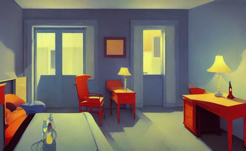 Image similar to inside a lonely motel room, very coherent, painted by Edward Hopper, Wayne Barlowe, painted by James Gilleard, airbrush, art by JamesJean