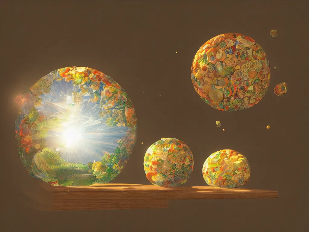 Image similar to 3 d render, sunlight study, the universe is a spheroid region 7 0 5 meters in diameter, art nouveau, by cornelis de heem and ( ( ( ( ( lisa frank ) ) ) ) ), 8 k, sharp focus, octane render