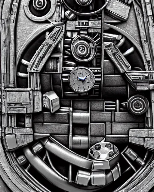 Image similar to robot made out of clock parts, hyper realism, high detail, extremely detailed, very sharp, award winning photo, in the style of vivian maier