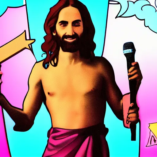 Image similar to jesus the youtuber holds a microphone