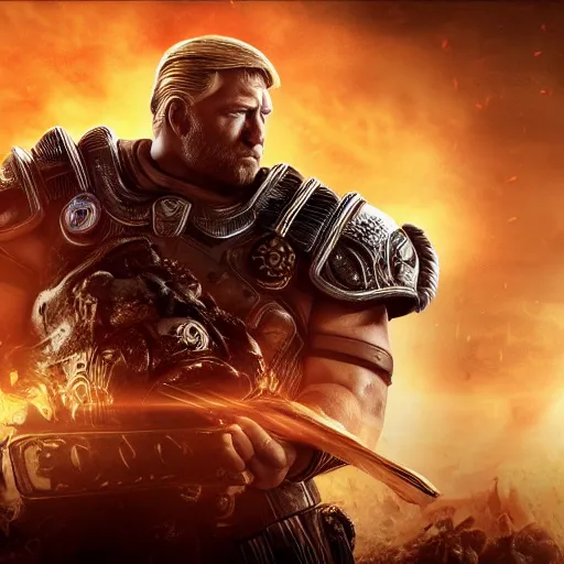 Image similar to Photo portrait of Donald Trump as King Leonidas in Gears of War, splash art, movie still, detailed face, photorealistic facial features, cinematic lighting, dramatic, octane render, long lens, shallow depth of field, bokeh, anamorphic lens flare, 8k, hyper detailed, 35mm film grain