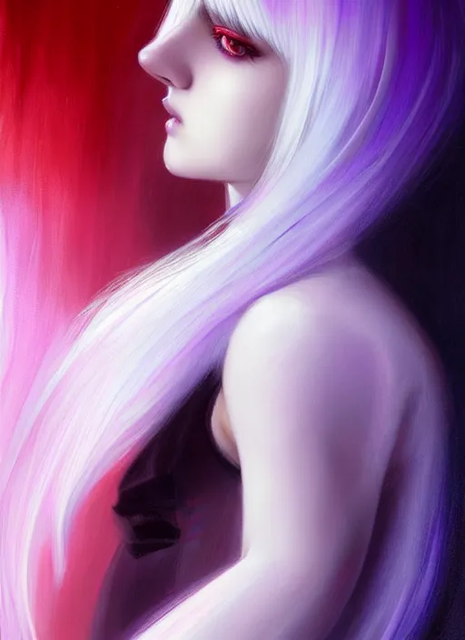 Image similar to hair whitebangs hair, black hair, whitebangs, portrait of teenage girl with white bangs, red irises, purple clothes, white bangs, bangs are different color from hair, intricate, elegant, glowing lights, highly detailed, digital painting, artstation, concept art, smooth, sharp focus, illustration, art by wlop, mars ravelo and greg rutkowski