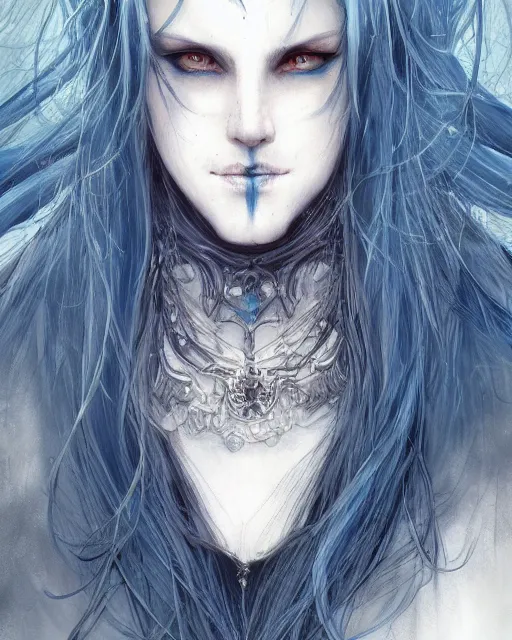 Image similar to portrait of a ranni the witch from elden ring, blue hair, elegant, beautiful, mesmerizing, concept art, highly detailed, artstation, behance, deviantart, trending, ayami kojima, shinichi sakamoto, kaoru mori