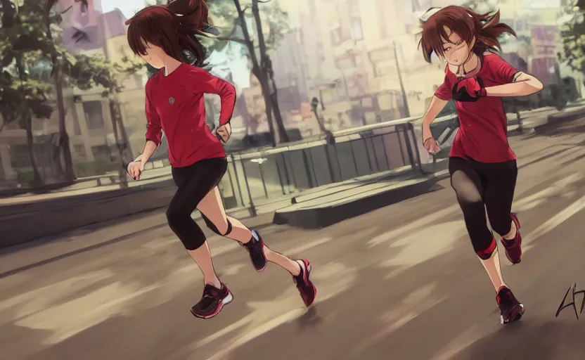 Image similar to anime style, girl is running, red sport clothing, marathon race, brown short hair, hair down, symmetrical facial features, from arknights, gta 5, hyper realistic, rule of thirds, extreme detail, detailed 4 k drawing, safebooru, realistic lighting, by alphonse mucha, greg rutkowski, sharp focus, backlit