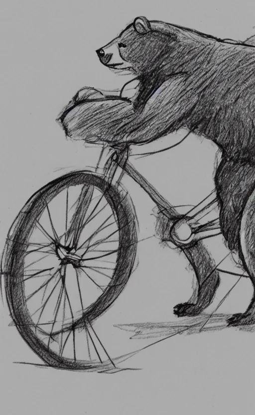 Image similar to sketch drawing of a bear riding a bicycle