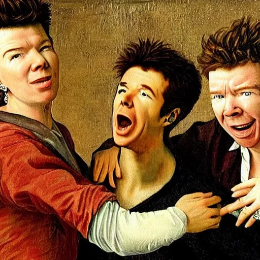 Prompt: a renaissance painting of rick astley singing never gonna give you up, highly detailed