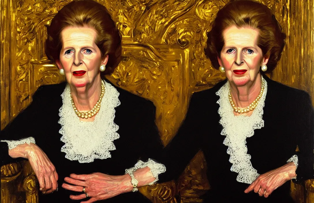 Image similar to portrait of margaret thatcher!!!!!!!!!!!!!!!!!!!!!!!!!!!, detailed face, detailed painting, detailed no. 1 0 downing street, epic lighting, by ilya repin and phil hale