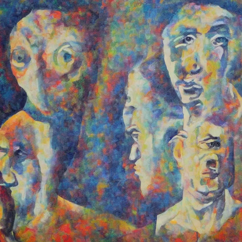 Image similar to highly strange recursive painting of wondering faces looking at each other BANG WHAT A SHAME ON YOU HAHAHA detailed and highly reliefed oil painting with canvas texture in style of Magritte, Sascha Schneider, Giorgio de Chirico, Pollock photorealistic, surrealistic, masterpiece, balanced composition, natural colors