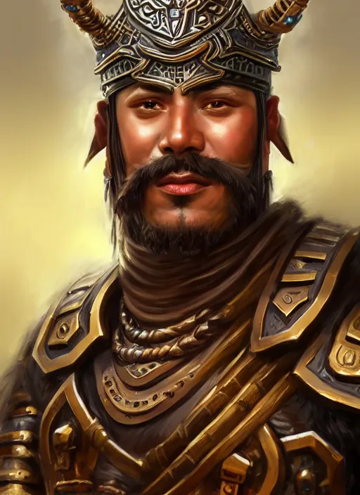 Prompt: smart tai warlord, closeup portrait, beardless, smooth - faced, historical hero, ethnic group, tai costume, bronze headdress, intricate, with leather armor cross on bare chest, elegant, loin cloth, highly detailed, oil painting, artstation, concept art, matte, sharp focus, illustration, hearthstone, art by earl norem