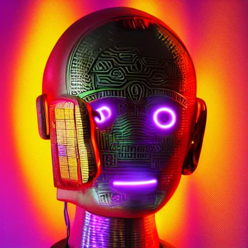 Image similar to a glossy claymodel of a cyberpunk aztec futurism robot head with glowing headphones, 8 k, symetrical, flourescent colors, halluzinogenic, multicolored, very detailed, black background, 3 d render,