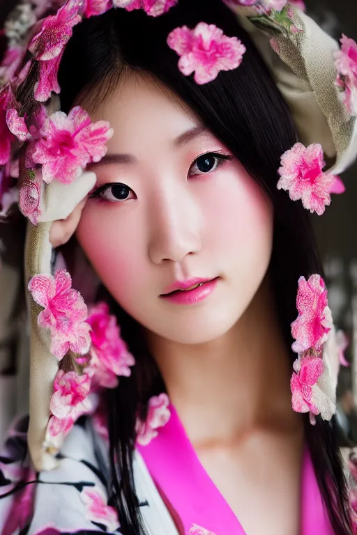 Prompt: a beautiful portrait of a gorgeous japanese girl wearing kimono, pink zen style, photorealistic portrait, porcelain skin, beautiful eyes and face, smooth, 8 5 mm, sharp focus, portrait photography, beautiful volumetric lighting, studio lighting