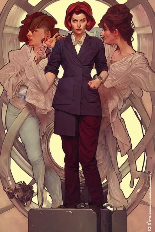 Image similar to doctor who, woman as a mad dentist in the tardis, art by artgerm and greg rutkowski and alphonse mucha