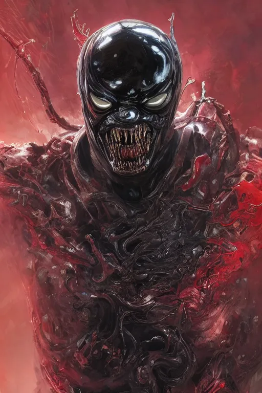 Image similar to Portrait of Steven Buscemi as symbiote Carnage, marvel comics, dark, intricate, highly detailed, smooth, artstation, digital illustration by Ruan Jia and Mandy Jurgens and Artgerm and Wayne Barlowe and Greg Rutkowski and Zdislav Beksinski