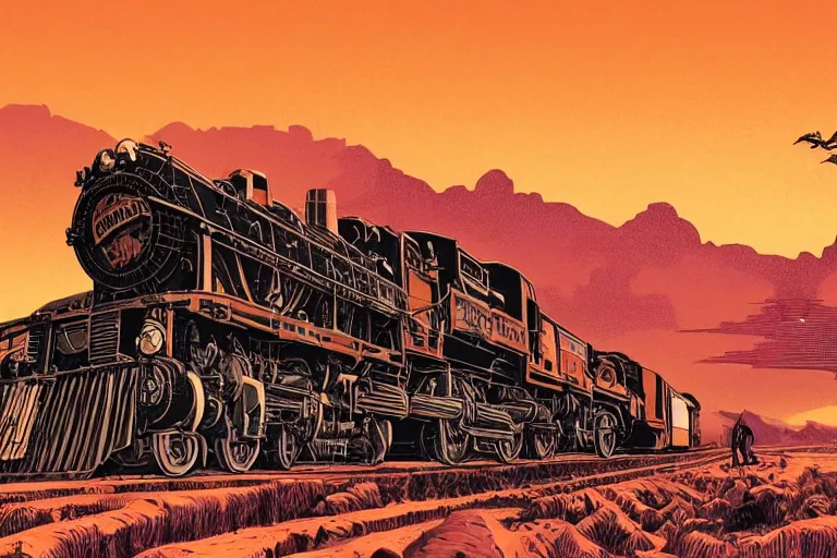 Image similar to old western freight train illustration by joe fenton and syd mead and p. craig russell and barry windsor - smith, artstation, 4 k, graphic novel, concept art, matte painting, steam engine spewing billowy white clouds of steam, beautiful idyllic mountain desert sunset background, golden hour, art nouveau