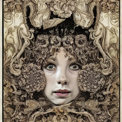 Image similar to a beautiful detailed front view baroque portrait of a rotten woman corpse with fractal plants and fractal flowers and mushrooms growing around, intricate, symmetrical, ornate, bones, art nouveau style