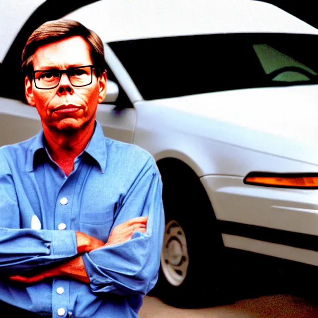 Image similar to a photo of bob lazar standing by his jet engine honda civic, cinematic lighting, detailed symmetrical face, photorealistic, highly detailed