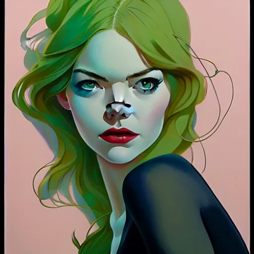 Image similar to joshua middleton, phil noto, artgerm, emma stone poison ivy, vines, symmetrical eyes, city rooftop