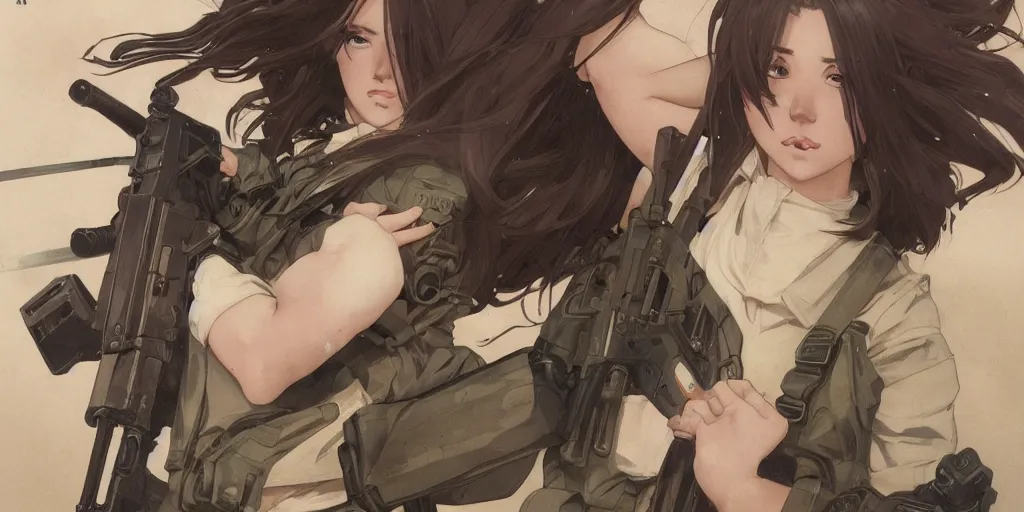 Prompt: soldier girl, gun, ground explosion, anime style, long hair, hair down, symmetrical facial features, under heavy fire, hyper realistic, pale skin, 4 k, rule of thirds, extreme detail, detailed drawing, trending artstation, hd, fantasy, d & d, realistic lighting, by alphonse mucha, greg rutkowski, sharp focus, backlit, soldier clothing