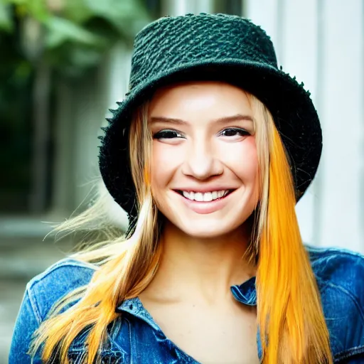 Prompt: portrait of a smiling 2 5 - year - old woman with 9 0 degree nails pretty face, perfect eye look up a bit, medium yellow blond hair, character with an orange hat, hair comes out of the hat a little