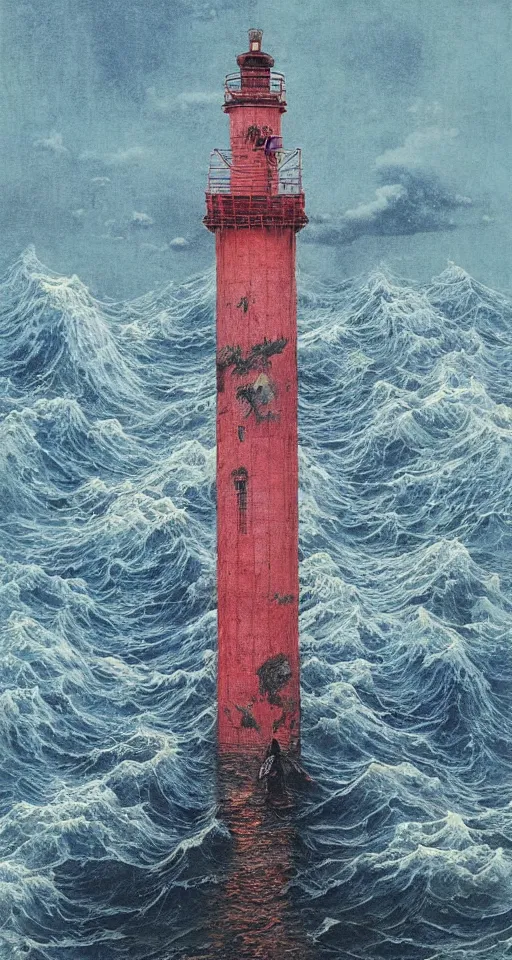 Image similar to worshippers in robes belonging to the cult of the lighthouse standing in waves, a lighthouse, high detailed beksinski painting, part by adrian ghenie and gerhard richter. art by takato yamamoto. masterpiece, deep colours, blue