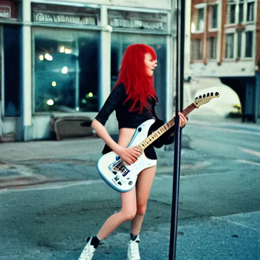 Prompt: high quality photo of a redhead punk girl playing electric guitar at dusk, Agfa Vista 800 film, Leica M9