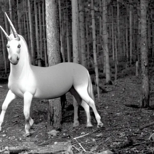 Image similar to unicorn caught on camera in the 1 9 5 0 s, black and white, in a forest