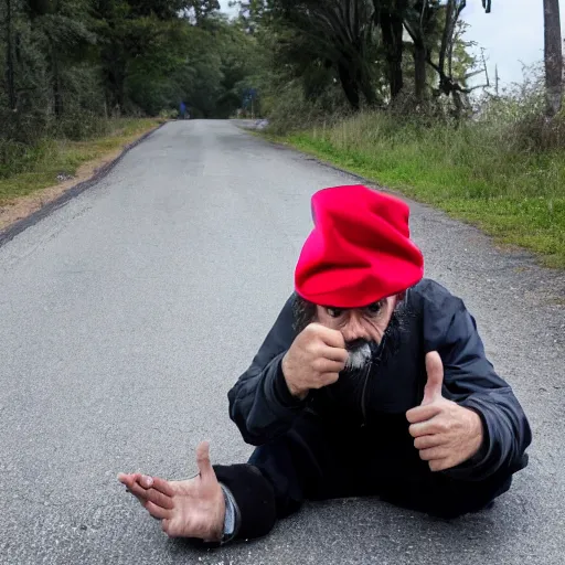 Image similar to a homeless angry man wearing mario's hat pointing the middle finger at the camera, on the side of a road, he is sitting on a sleeping bag.